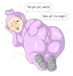 2d 2d_artwork anthro ass ass_focus ass_grab bedroom_eyes blush blush dialogue feet feet_together imminent_sex looking_at_viewer looking_back offscreen_character pink_body pink_fur pippy_(rosebud) presenting presenting_anus presenting_ass presenting_hindquarters presenting_pussy puffy_anus slendytubbies slendytubbies_3 slendytubbies_oc speech_bubble spreading sweat sweating teletubbies tongue tongue_out wink winking_at_viewer