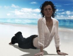 1girls 3d alien_(franchise) beach breasts ellen_ripley female female_only human human_only jc-starstorm jeans lying open_mouth seaside solo through_clothes transparent white_shirt