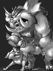 absurdres anal anal_sex animal_genitalia animal_penis barbed_penis canine carrot_(artist) claws cum cum_in_ass cum_inside cum_while_penetrated duo ears_down feral fox furry gnar grey_background greyscale highres large_insertion league_of_legends leg_grab male mammal mega_gnar monochrome open_mouth penis questionable_consent riot_games rough_sex saliva semi-anthro sex sharp_teeth simple_background size_difference tail_grab teeth tusks white_eyes yaoi yordle