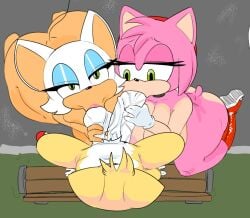 1boy 2girls amy_rose ass ass balls balls_on_face ballsack bench blowjob long_penis looking_at_viewer naked naked_female nude nude_female pleasure_face rouge_the_bat savagensfw sega sitting sonic_(series) sonic_the_hedgehog_(series) sucking_balls sucking_penis tails_the_fox veiny_penis