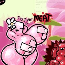 alternate_breast_size arms_behind_head arms_up bandage_girl bandages covered_nipples exposed_breasts exposed_pussy filthyskull flower_in_hair flower_on_head hidden_message huge_breasts huge_butt huge_cock jiggling_breasts meat_boy pink_body pink_skin red_body red_skin super_meat_boy sweat sweating sweaty_body teasing thick_thighs voluptuous voluptuous_female wet wet_body