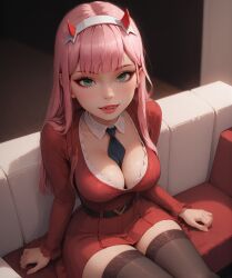 ai_generated bdmaestro cleavage dress female horns looking_at_viewer pink_hair sitting zero_two_(darling_in_the_franxx)