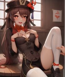 ai_generated bdmaestro cleavage feet_up female hands_on_breasts hu_tao_(genshin_impact) leaning_back looking_at_viewer on_table open_mouth sitting thighhighs white_legwear