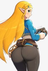 1girls absurdres ass big_ass blonde_hair breath_of_the_wild bubble_butt female gonzarez highres huge_ass light-skinned_female pointy_ears princess_zelda simple_background solo teenager the_legend_of_zelda the_legend_of_zelda:_breath_of_the_wild white_background zelda_(breath_of_the_wild)