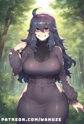 ai_generated big_ass big_breasts big_butt big_thighs blush dress forest game_freak hex_maniac huge_ass huge_breasts huge_butt huge_thighs nintendo pokemon pokemon_xy purple_eyes purple_hair wanuze wide_hips