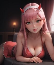 ai_generated bdmaestro cleavage female looking_at_viewer lying on_stomach smile zero_two_(darling_in_the_franxx)