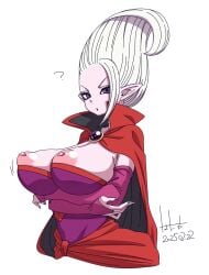 1girls accidental_exposure big_breasts breasts confused confusion demon demon_girl dr._arinsu dragon_ball dragon_ball_daima dragon_ball_super dragon_ball_z female female_only glind makeup nipples no_bra pink_skin purple_eyes question_mark sharp_ears tits white_hair