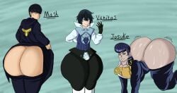 big_ass big_butt diamond_is_unbreakable doodle_dingus femboy jojo's_bizarre_adventure josuke_higashikata looking_at_viewer looking_back mash_burnedead mashle:_magic_and_muscles on_all_fours sweating sweaty_ass sweaty_butt the_case_study_of_vanitas vanitas_(vanitas_no_carte)