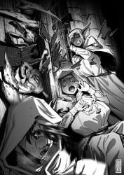 blonde_hair blood brain_penetration dark_elf dark_hair dark_skin death drooling elf eyes_rolling_back female glasses gore horror large_breasts nosebleed nun nun_outfit open_mouth tentacle yoyoro