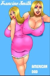 1girls 2013 5ifty alternate_ass_size alternate_breast_size american_dad ass_focus big_breasts blonde_female blonde_hair blue_background breasts breasts_bigger_than_head breasts_focus bubble_ass bubble_butt cartoon_character child_bearing_hips cleavage curvaceous curves curvy curvy_body curvy_figure dress dumptruck_ass dumptruck_butt fair-skinned_female fat_ass fat_ass_mommy francine_smith freckles_on_breasts freckles_on_shoulders housewife jay-marvel milf name_in_background nipple_visible_through_clothes nipples_visible_through_clothing no_bra old_art pink_clothing pink_eyeshadow red_lipstick round_ass round_butt seductive seductive_look short_dress simple_background smile smiling_at_viewer solo_female solo_focus thick_thighs thin_eyebrows two_poses voluptuous voluptuous_female wide_hips yellow_hair