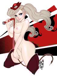 ann_takamaki blonde_hair blue_eyes blushypixy boots breasts cg cropped_legs earrings female hair_ornament hairclip jewelry large_breasts lips long_hair looking_at_viewer mask medium_breasts navel nipples nude persona persona_5 phantom_thief_suit signature smile solo stud_earrings tail thigh_boots thighhighs twintails whip