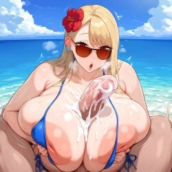 ai_generated beach big_areola big_breasts big_nipples big_penis bikini blonde_hair breasts chubby cum cum_on_breasts cumshot curvy erect_penis fat fat_man flower_in_hair gigantic_breasts hanging_breasts huge_breasts huge_cock inverted_nipples large_areolae large_breasts large_penis massive_areolae massive_breasts mature_female milf missinga ntr paizuri plump red_eyes sunglasses thick_thighs titjob