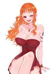 1girls artist_name bare_arms bare_legs bare_shoulders bare_thighs big_breasts blush breasts brown_eyes cleavage curvaceous curvy curvy_female curvy_figure dress female female_focus female_only fit fit_female hourglass_figure huge_breasts large_breasts light-skinned_female light_skin looking_at_viewer nami nami_(one_piece) necklace one_eye_closed one_piece orange_hair pearl_necklace red_dress sc_scandium simple_background slim_waist solo thick_thighs thighs thin_waist white_background wide_hips