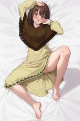 :o absurdres arms_up bare_legs barefoot bed bed_sheet blush breasts brown_hair commission commissioner_upload dress feet female fire_emblem fire_emblem:_genealogy_of_the_holy_war hand_on_own_cheek hand_on_own_face highres knee_up legs looking_at_viewer lying medium_hair muirne_(fire_emblem) on_back on_bed open_mouth shawl simple_background small_breasts solo spread_legs thighs vodka13