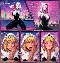 1boy 1boy1girl ai_assisted ai_generated angry athletic_female before_and_after big_breasts blonde_hair blowjob blush brainwashing city clenched_teeth comic comic_page corruption cum cum_from_nose cum_in_mouth defeated defeated_heroine embarrassed english_text fellatio female glowing glowing_eyes gwen_stacy heart_eyes hearts_around_head hood large_penis licking_penis lustful_mind male/female marvel marvel_comics mind_break mind_control oral oral_sex outdoors patreon patreon_username penis penis_on_cheek pink_eyes pov pov_eye_contact running_mascara runny_makeup saliva shaking spider-gwen spider-man_(series) sucking_penis sweat tagme text tongue_out voluptuous