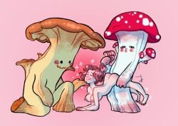 1girls 2boys ahe_gao all_fours cheesomancer dnd hair_grab hairpulling mushroom_humanoid mushroom_penis myconid nipples nude_female pulling_hair sparkles submissive_female