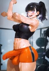 ai_generated athletic_female balls bare_thighs big_balls big_breasts big_penis black_hair bulge bulge_through_clothing enen_no_shouboutai erect_nipples futa_only futanari gomzai gym_clothes gym_shorts gym_uniform huge_balls huge_breasts huge_cock huge_thighs light-skinned_female light_skin looking_at_viewer massive_breasts muscular_futanari oze_maki penis ponytail precum_through_clothing purple_eyes smiling squatting sweat sweatdrop tank_top thick_body thick_female thick_thighs thighs voluptuous voluptuous_futanari