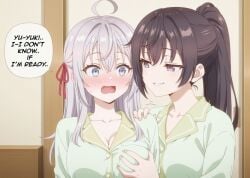 2girls ai_generated alisa_mikhailovna_kujou english_text female female_only russian suou_yuki text tokidoki_bosotto_russian_de_dereru_tonari_no_alya-san yuri yuri