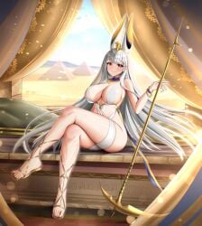 absurdres ancient_egyptian_clothes azur_lane bare_shoulders bracelet breasts cleavage female gold_bracelet highres holding holding_scythe itacho_(itasha_draws) jewelry large_breasts long_hair looking_at_viewer official_alternate_costume pyramid_(structure) red_eyes revealing_clothes scylla_(a_maid's_judgment)_(azur_lane) scylla_(azur_lane) scythe sitting sky solo thighs usekh_collar very_long_hair weapon white_hair