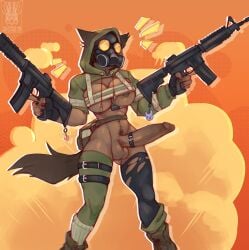 anthro assault_rifle balls breasts canid canine clothed clothing dual_wielding erection gas_mask genitals gun gynomorph hi_res holding_object holding_weapon hood_up humanoid_genitalia humanoid_penis intersex m4 mammal mask penis pixelflare ranged_weapon rifle skimpy solo standing weapon