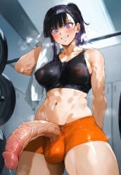 ai_generated athletic_female balls bare_thighs big_balls big_breasts big_penis black_hair blush enen_no_shouboutai erect_nipples futa_only futanari gigantic_penis gomzai gym_clothes gym_shorts gym_uniform huge_balls huge_breasts huge_cock huge_thighs light-skinned_female light_skin looking_down massive_breasts muscular_futanari oze_maki penis penis_out ponytail precum purple_eyes squatting sweat sweatdrop tank_top thick_body thick_female thick_thighs thighs veiny_penis voluptuous voluptuous_futanari