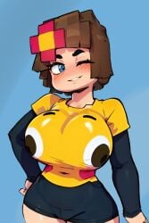 ai_generated artificial_intelligence big_breasts blue_eyes brown_hair curvy curvy_body curvy_female curvy_figure emoji emoji_clothing female flower_in_hair funny jenny_belle jenny_belle_(slipperyt) meme minecraft nsfw short_hair smile zlipyt2