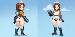 ai ai_generated ass background black_eyes blush butt cloud d3rmal edit from_behind from_front_position gear looking_at_viewer maid_uniform mii mii_gunner mii_gunner_(smash_4) nintendo sky super_smash_bros. tagme