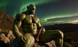 3d ai_generated bara big_muscle big_penis erection green_skin huge_cock male muscular_male orc orc_male orced penis