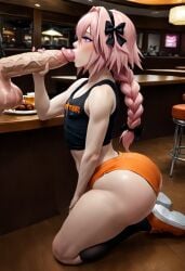 2boys ai_generated astolfo_(fate) big_balls big_butt_(male) big_penis blowjob crossdressing curvy_male eyelashes fate_(series) femboy femboy_hooters gay gay_blowjob girly grabbing_penis holding_penis huge_cock kneeling_blowjob kneeling_on_floor kneeling_oral_position on_floor orange_shorts owl_logo partially_clothed_male pink_hair pink_lipstick pink_nail_polish public public_blowjob purple_eyes restaurant short_shorts sissy small_dick small_penis socks sucking_glans sucking_penis thick_thighs veiny_penis white_fur wide_hips yaoi zoolt