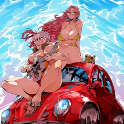 2girls banjo bikini breasts brown_eyes can cleavage commission earrings electric_guitar feet female female_focus floating_hair glasses green_bikini guitar headphones headphones_around_neck holding holding_instrument human instrument jewelry kafun large_breasts long_hair looking_down looking_to_the_side multiple_girls musical_instrument orange_swimsuit original pale_skin sandals swimsuit thighs toes vehicle very_long_hair volkswagen volkswagen_beetle white_hair yellow_eyes