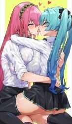 2girls aqua_eyes aqua_hair ass asymmetrical_docking black_skirt black_thighhighs breast_press breasts eye_contact french_kiss green_background hatsune_miku highres kissing large_breasts long_hair looking_at_another m_k megurine_luka multiple_girls pink_hair purple_eyes pussy_juice shirt skirt thighhighs twintails vocaloid white_shirt yuri