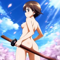 1girls ai_generated angry ass back brown_eyes brown_hair cherry_blossoms cloud completely_nude falling_petals from_behind holding holding_katana holding_object katana looking_at_viewer medium_breasts miyafuji_yoshika nipples novelai nude outdoors petals pussy short_hair sky solo standing strike_witches world_witches_series