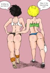 2girls big_ass black_hair blonde_hair color_edit colored colored_sketch colorshun dragon_ball dragon_ball_z erasa female hand_on_butt short_pants thewritefiction videl videl_(short_hair) walking_away