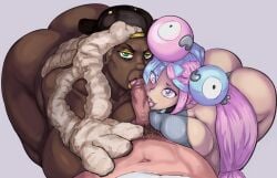 2girls blowjob cock_worship dark-skin dark-skinned_female dirtrossrisen double_blowjob gilf gold_lipstick iono_(pokemon) mature_female pokemon pokemon_sv ryme_(pokemon) threesome