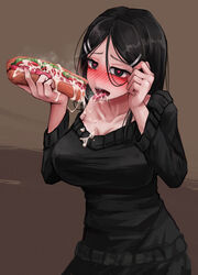 black_eyes black_hair blush breasts brown_background cleavage cum cum_in_mouth cum_on_body cum_on_breasts cum_on_clothes cum_on_food cum_on_upper_body cum_string drooling female hair_between_eyes hair_ornament hair_tucking hairclip heart heart-shaped_pupils highres hot_dog large_breasts lettuce long_hair looking_at_viewer oofusa_shizuko original ray-k saliva saliva_trail shoulder_slip steam submarine_sandwich symbol-shaped_pupils tongue tongue_out