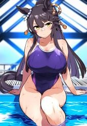 ai_generated animal_ears breasts female horse_girl long_hair looking narita_brian_(umamusume) ponytail pool school_swimsuit shimenawa swimsuit umamusume umamusume_pretty_derby yellow_eyes