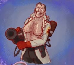 breasts burly_beast chest_hair digital_media gun hairy_boobs herbert_ludwig man_breasts medic_(team_fortress_2) nipples ripped_clothing scientist tf2