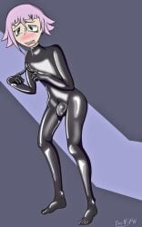 androgynous bulge bulge_through_clothing crona_(soul_eater) eronsfw femboy full_latex latex latex_bodysuit latex_suit shy_expression soul_eater