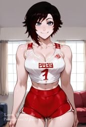 1girls 2d ai_generated ai_sensuality big_breasts cleavage gym gym_shirt gym_shorts gym_uniform jlullaby_(style) light-skinned_female ruby_rose rwby slender_waist solo_female solo_focus wide_hips