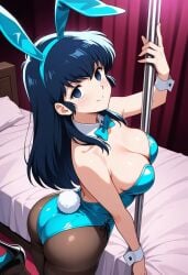 ai_generated blue_eyes blue_hair bunny_ears bunny_girl bunny_tail character_request cleavage empty_eyes female female_only hypnosis mind_control psj92 solo stripper_pole