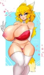 barbell_piercing big_breasts blonde_hair blue_eyes breasts clothing clothing_aside dipstick_ears ear_markings eyelashes female front_view genitals gloves hair handwear hi_res huge_breasts humanoid humanoid_genitalia humanoid_pussy legwear long_hair mouth_closed multicolored_ears nipple_barbell nipple_piercing nipples norakaru panties panties_aside piercing pink_clothing pink_panties pink_underwear portrait pussy red_clothing red_topwear solo standing tan_body tan_skin three-quarter_portrait topwear underwear underwear_aside