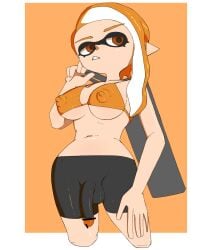 big_breasts bike_shorts bra censored erection futanari inkling_girl kuchibasi2001 nintendo nipples_visible_through_clothing penis penis_through_leghole shorts solo splatoon