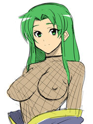 artist_request breasts female fishnets ganbare_goemon green_eyes green_hair large_breasts long_hair nipples simple_background smile solo white_background yae_(ganbare_goemon)