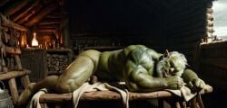 3d ai_generated bara big_muscle big_penis erection green_skin huge_cock male muscular_male orc orc_male orced penis