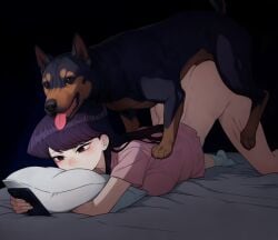 1boy 1girls bed canine cthulhuchan komi-san_wa_komyushou_desu komi_shouko phone smartphone zoophilia