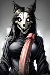 ai ai-created ai_generated animal_skull black_ears black_hair furry_futa furry_only futa_only futanari intersex long_penis red_eyes scp scp-1471 scp-1471-a scp_foundation wolf_ears