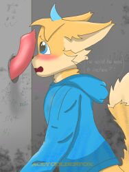 3:4 absurd_res acey_goldenfox(oc) aceyzegoldenfox animal_humanoid anthro bathroom blue_clothing blue_collar blue_eyes blue_hoodie blue_topwear blush bodily_fluids canid canid_humanoid canine canine_humanoid clothed clothing collar digital_media_(artwork) english_text erection femboy fluffy fluffy_tail fox_ears fur genital_fluids genitals glory_hole graffiti hair hi_res hoodie humanoid hybrid male male/male mammal mammal_humanoid penis penis_on_face precum public_restroom restroom_stall shocked shy solo tail text text_on_wall topwear watermark yellow_body yellow_fur