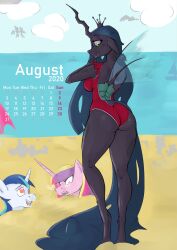 absurd_res anthro anthrofied arthropod beach calendar changeling clothing equid equine female friendship_is_magic group hasbro heart heart_eyes hi_res horn longtailshort male mammal my_little_pony mythological_creature mythological_equine mythology one-piece_swimsuit princess_cadance_(mlp) queen_chrysalis_(mlp) seaside shining_armor_(mlp) silhouette swimwear trio_focus unicorn