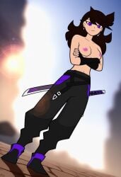 breasts breasts brown_hair exposed_breasts female jaiden jaiden_animations jaiden_dittfach katana long_hair nipples no_bra no_shirt pink_nipples samurai