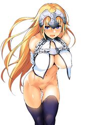 blonde_hair blonde_pubic_hair blue_eyes chains fate/apocrypha fate_(series) highres jeanne_d'arc_(fate) long_hair looking_at_viewer mikawaya pubic_hair pussy_juice